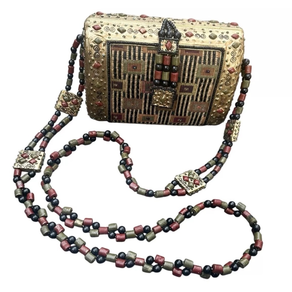Mary Frances Beaded Gold Black Evening Purse Clutch Handbag Crossbody 7”